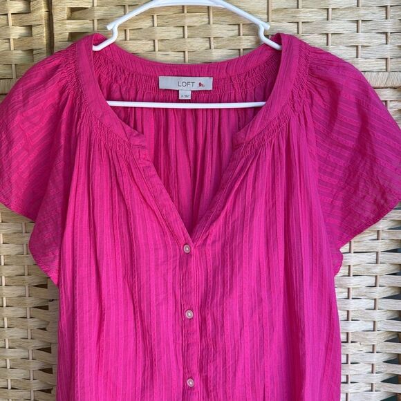 Loft 100 % Cotton Pink Ruffle Sleeves Size Medium - Picture 4 of 9